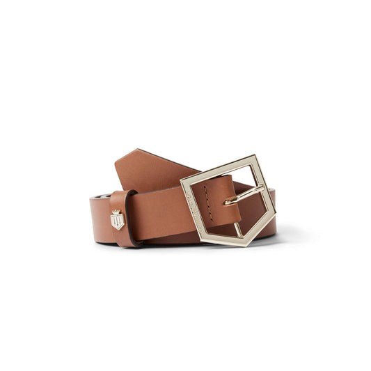 Brown leather belt with a gold buckle on a white background