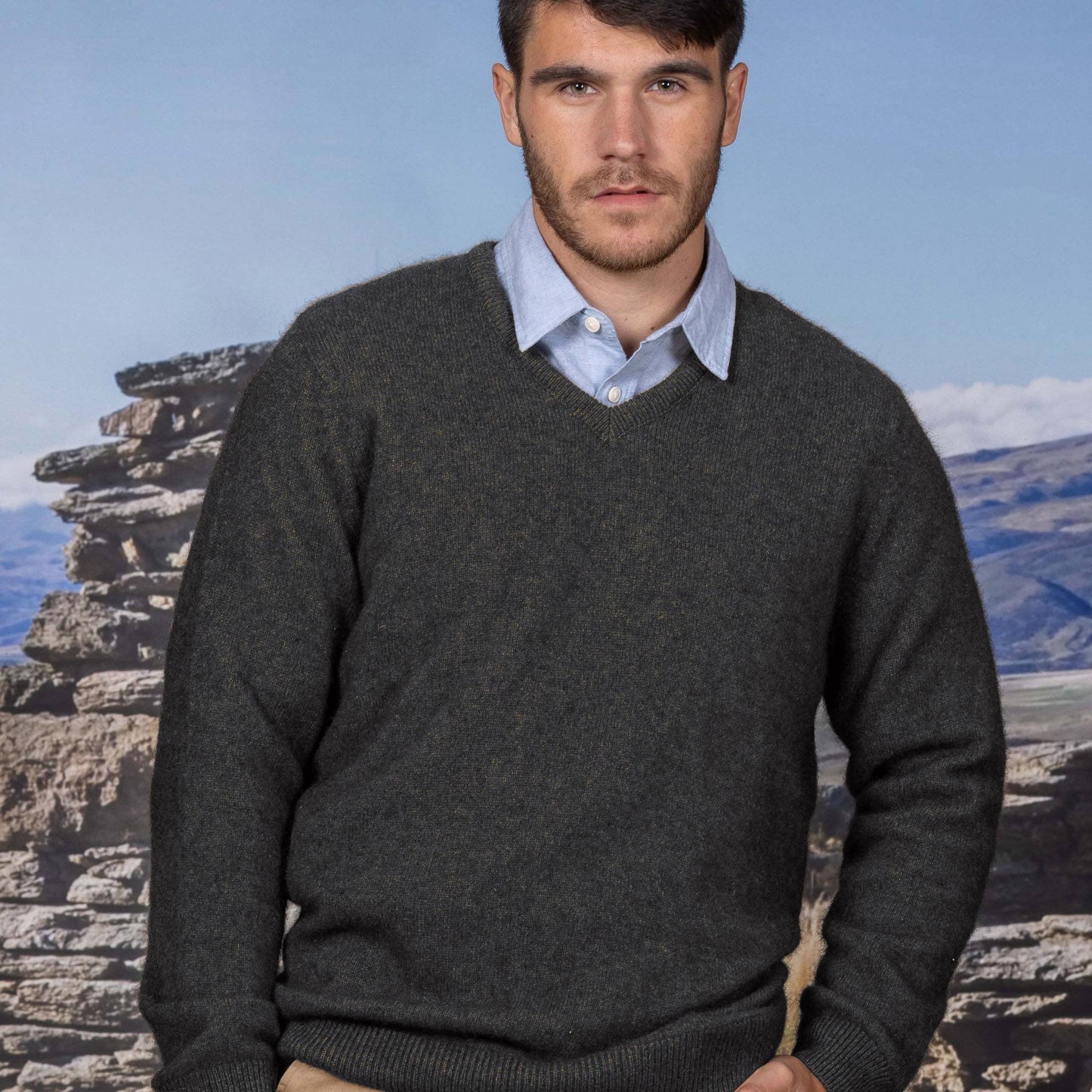Possum Merino Oxford Vee Neck Knit