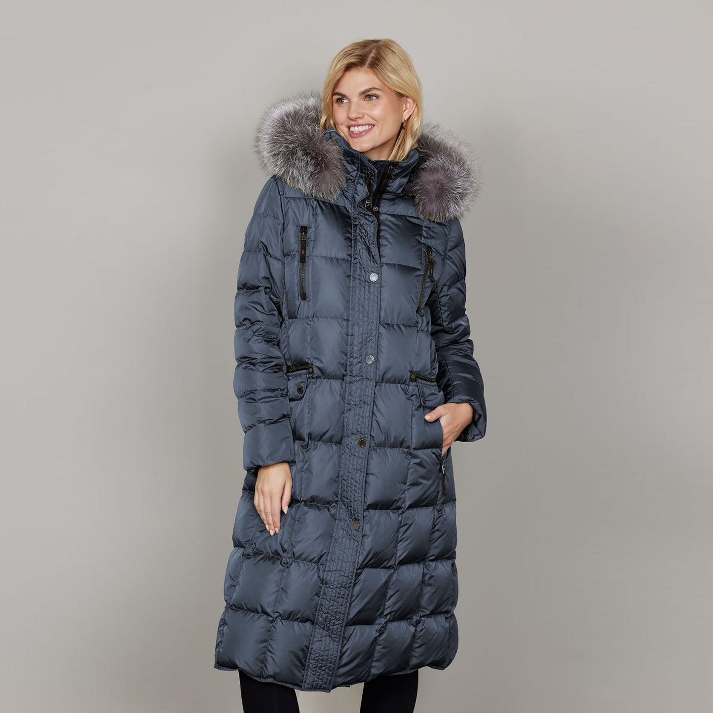 Celine Long Down Baffle with Fur Hood