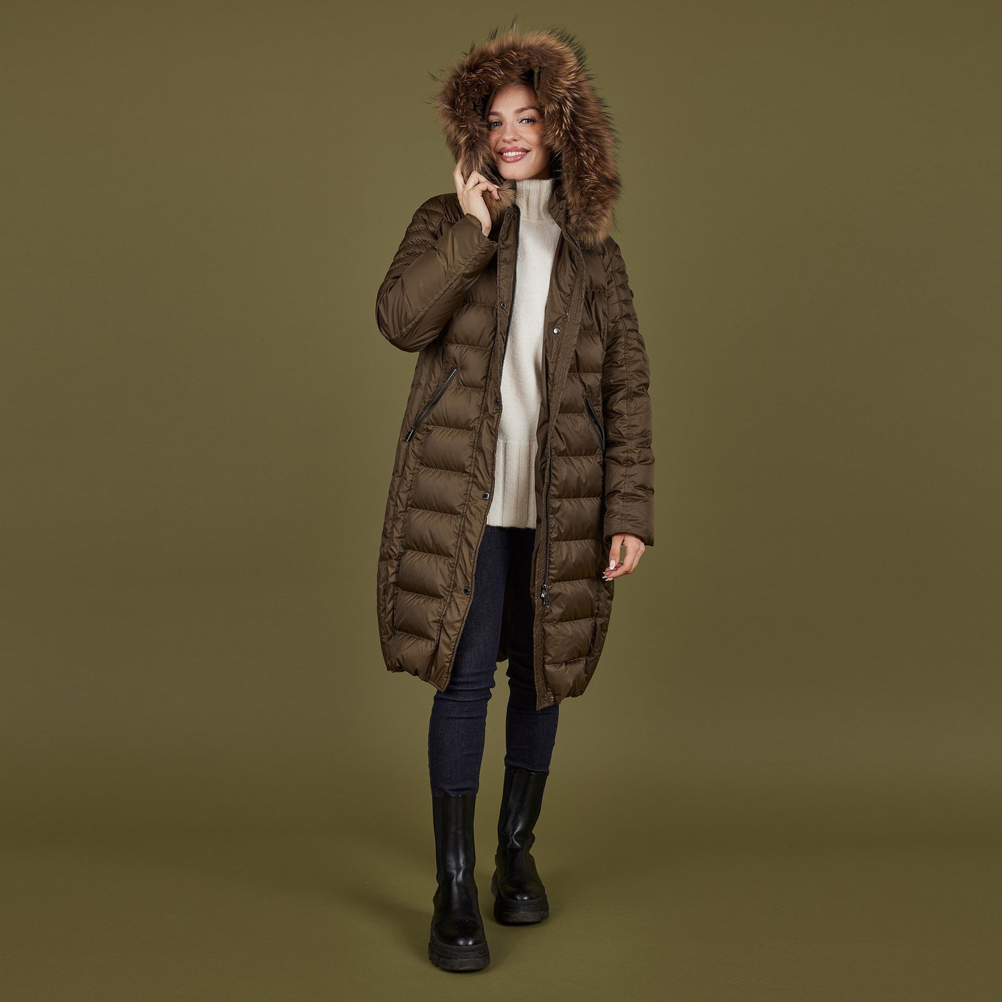 Long Down Baffle Real Fur Hood