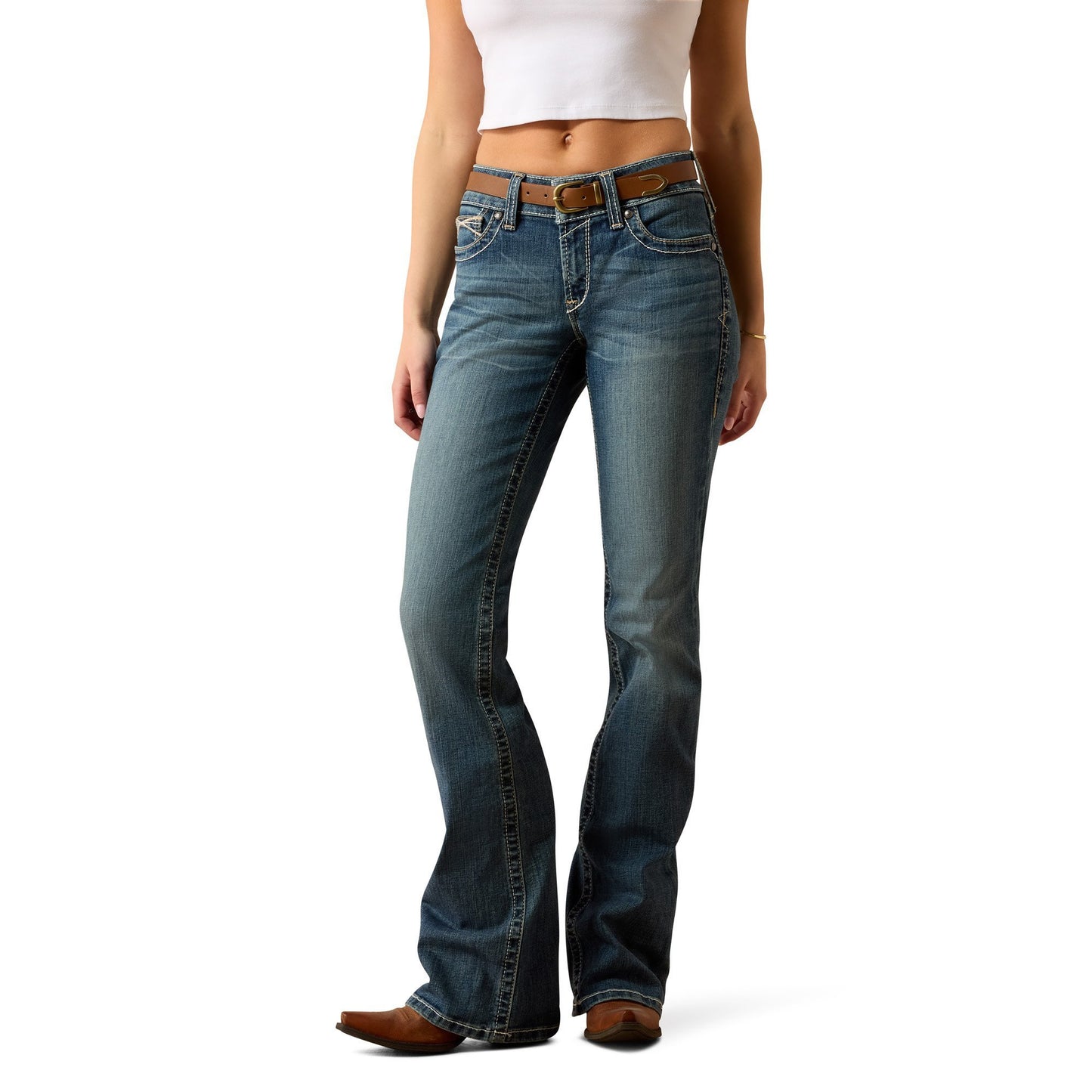 Mid Rise Whipstitch Boot Cut Jeans