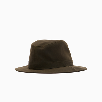 Side view of the Barbour Vintage Wax Bushman Hat in Olive Green, showing the shaped crown and wide brim.