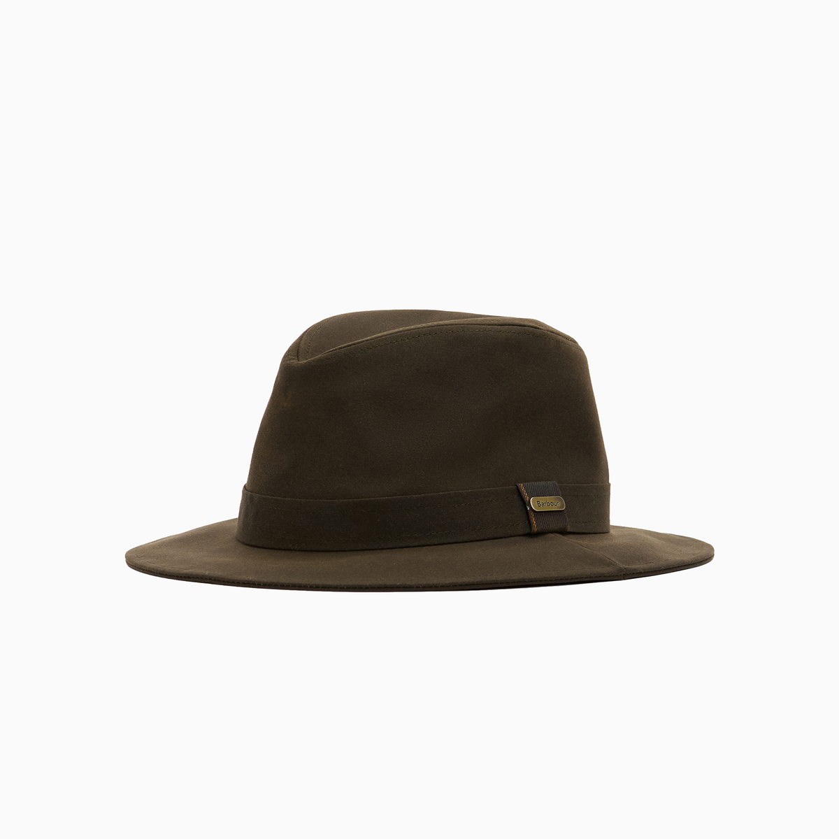 Barbour Vintage Wax Bushman Hat in Olive Green, with a shaped crown, wide brim and metal logo badge on the hatband.