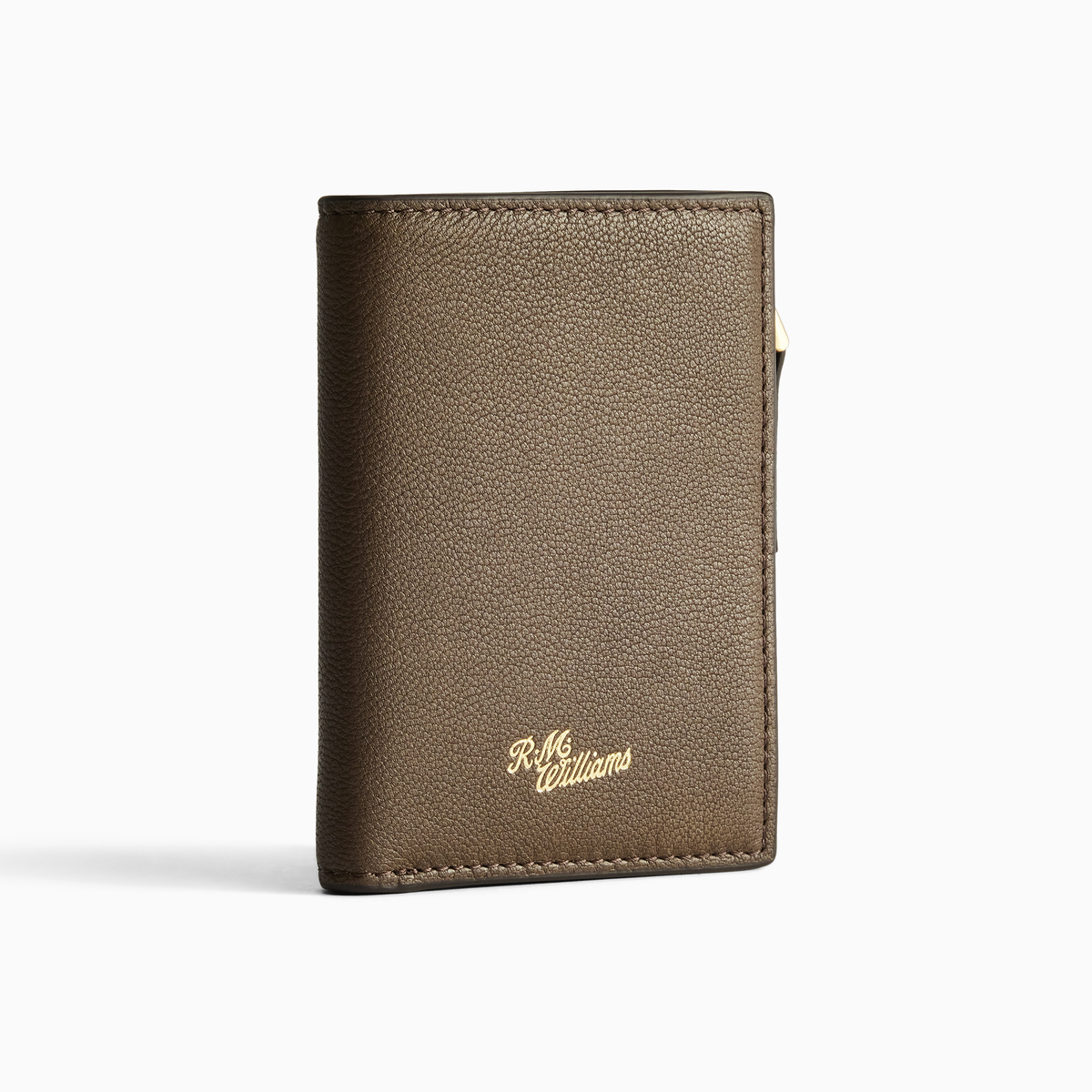 R.M. Williams Ranger Wallet in Khaki, showing the textured leather, stitched edges and gold script logo on the front.