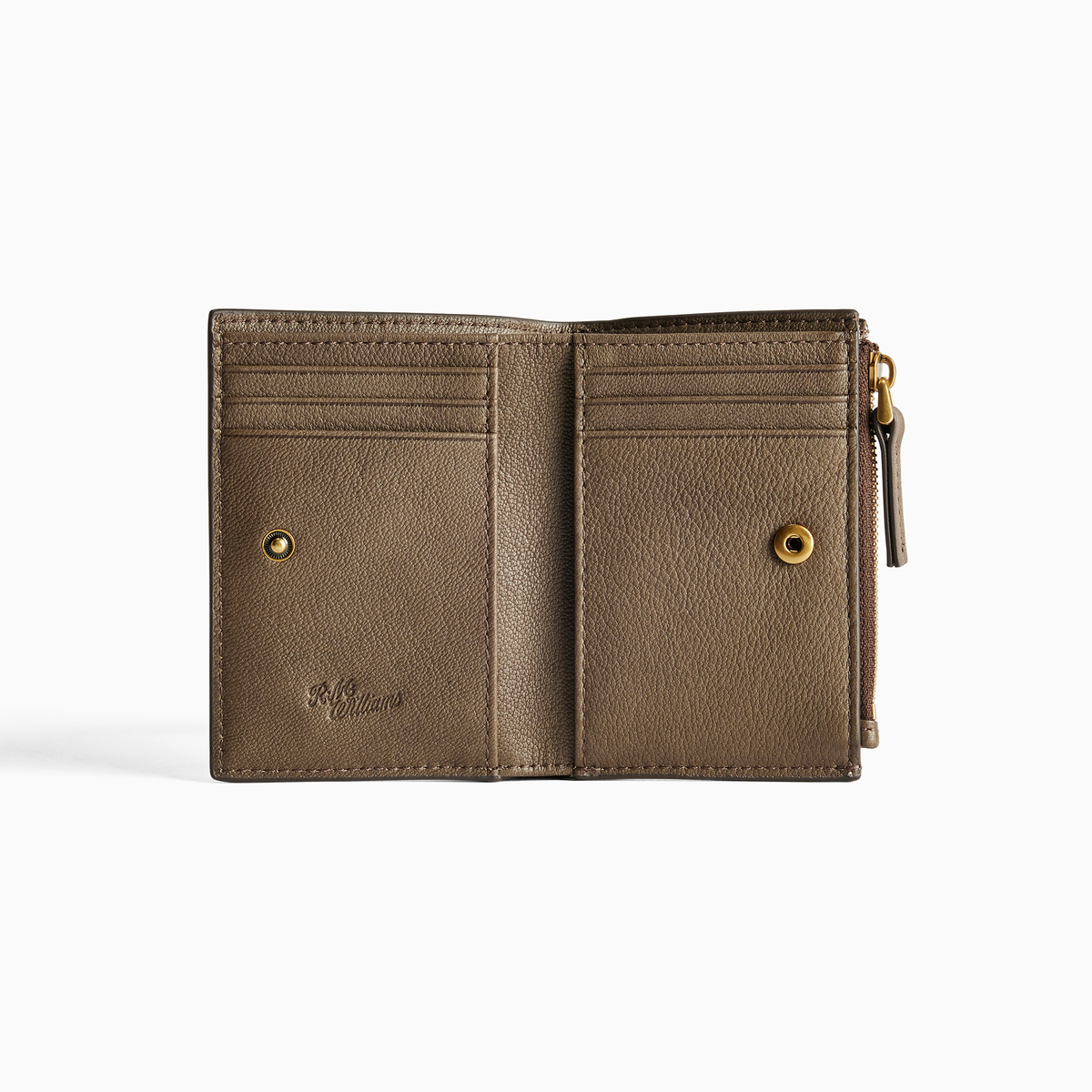 Open R.M. Williams Ranger Wallet in Khaki, showing the internal card slots, embossed logo, press-stud fastening and zipped side compartment.