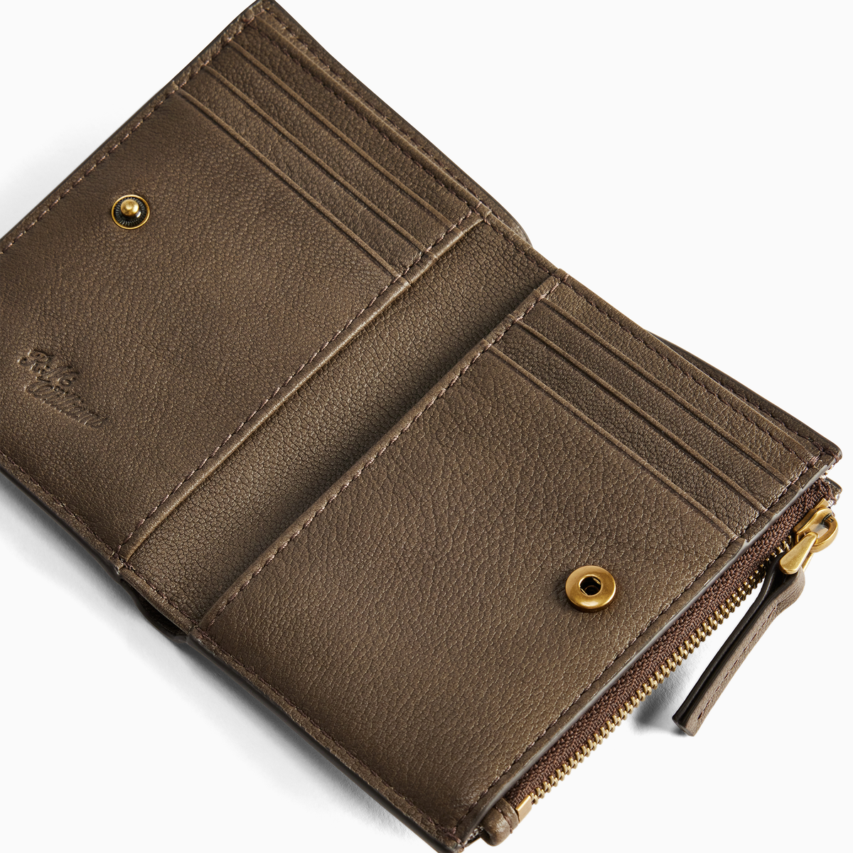 Close-up of the open R.M. Williams Ranger Wallet in Khaki, showing the leather card slots, press-stud fastening and zipped compartment.