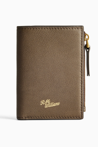 R.M. Williams Ranger Wallet in Khaki, showing the textured leather front, gold script logo and side zip with leather pull.