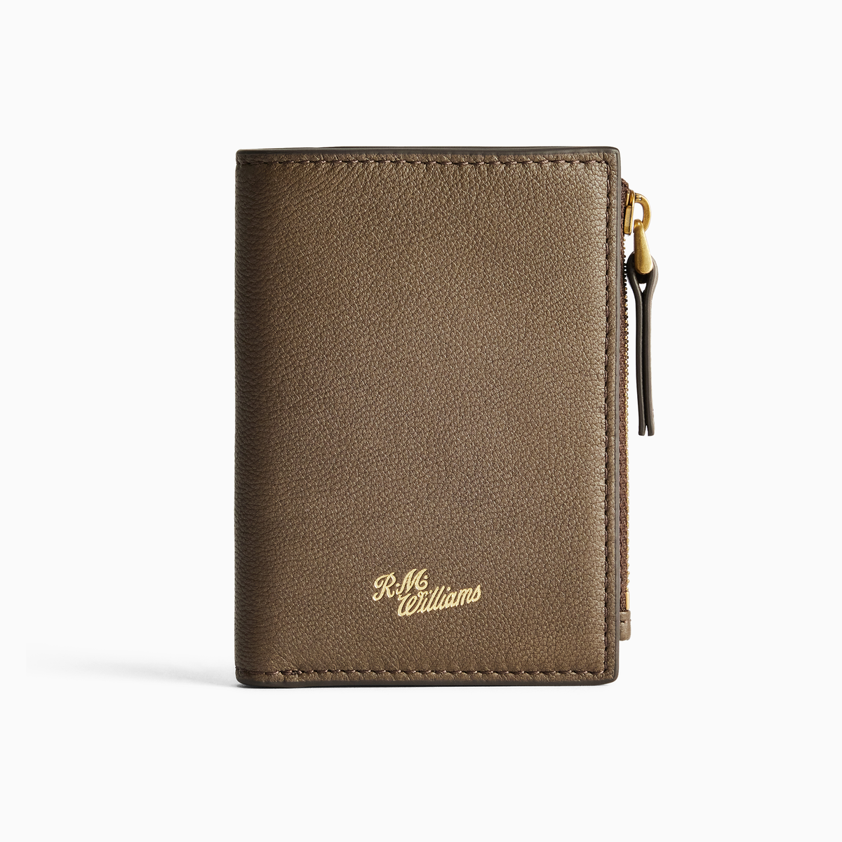 R.M. Williams Ranger Wallet in Khaki, showing the textured leather front, gold script logo and side zip with leather pull.