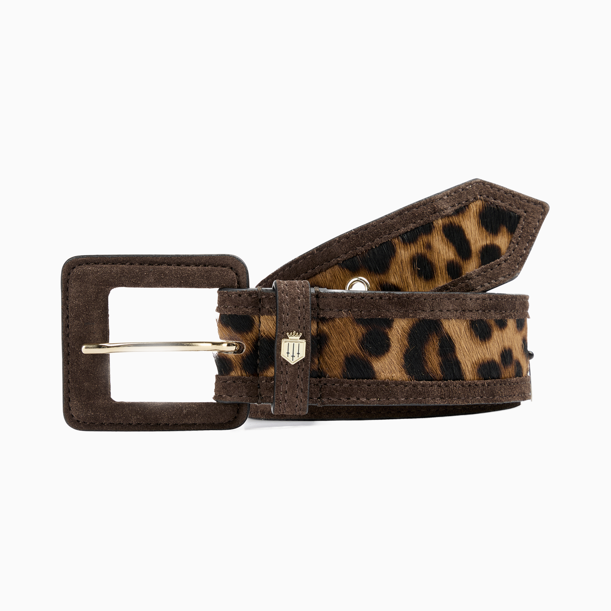 A brown belt with a leopard haircalf pattern on the strap, a dark brown leather rectangular buckle, and a light gold Fairfax & Favor shield logo.