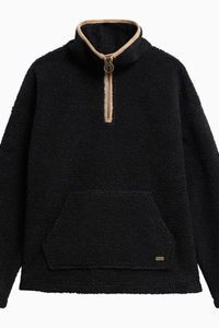 Barbour Bamburgh Fleece in Black, with a tan-trimmed zip neck, textured finish and large kangaroo pocket.