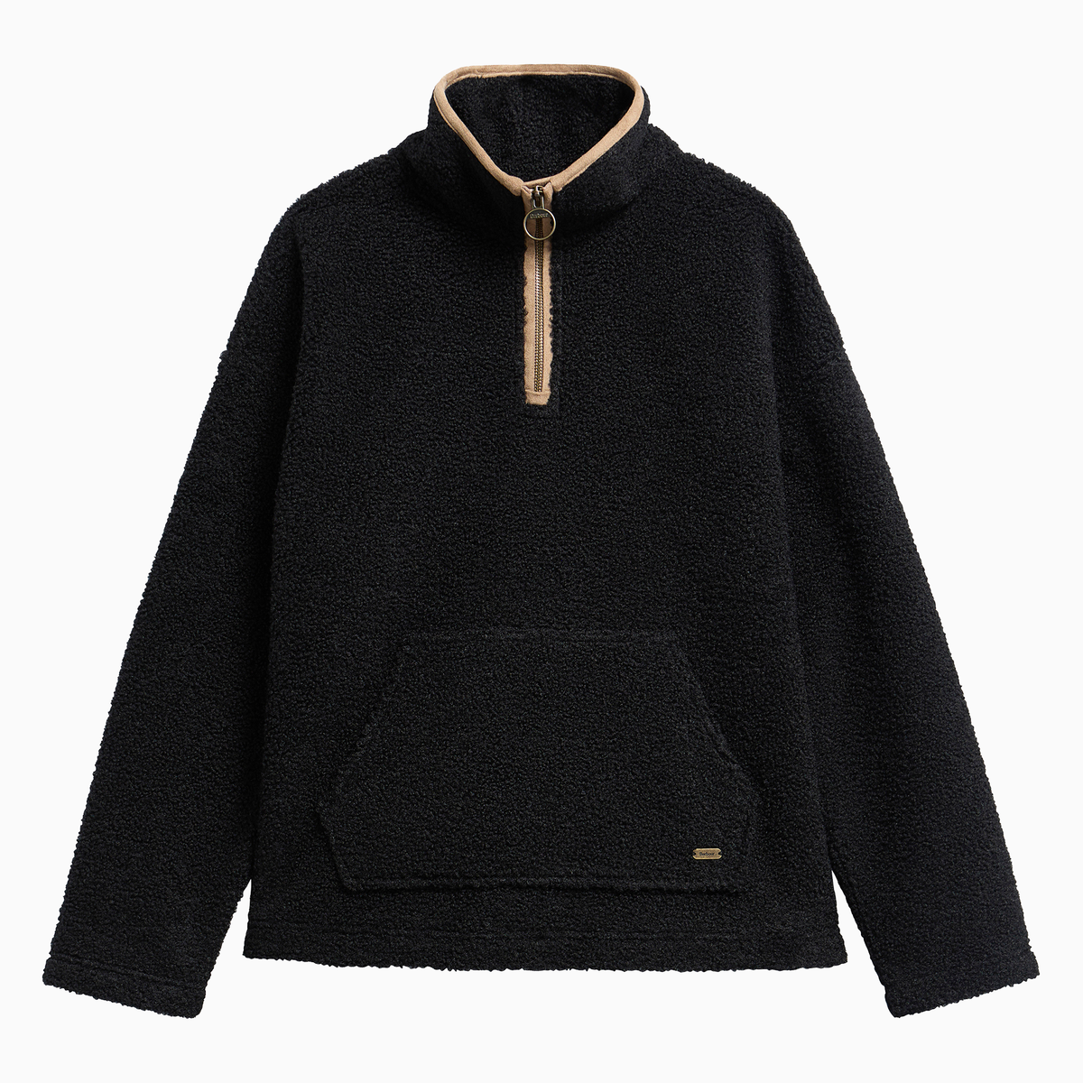 Barbour Bamburgh Fleece in Black, with a tan-trimmed zip neck, textured finish and large kangaroo pocket.