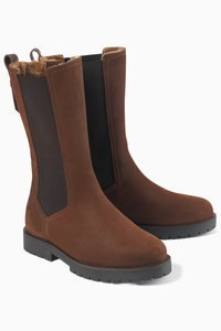 A pair of Fairfax & Favor mid-calf Boudica boots in brown nubuck with chevron elasticated side panels and a snug shearling lining.