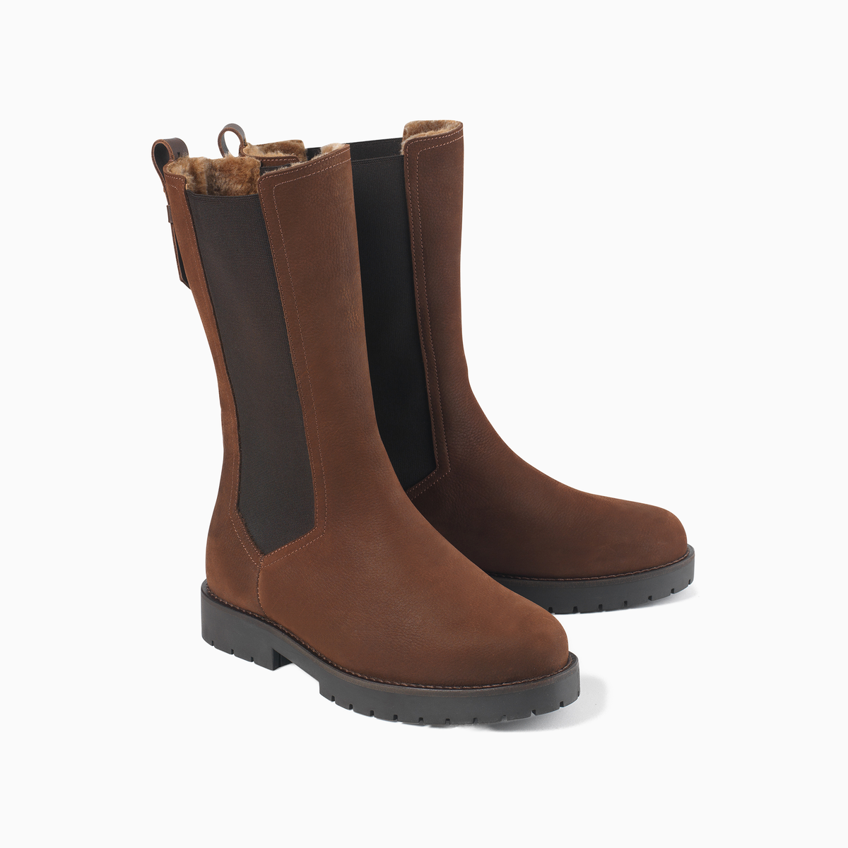 A pair of Fairfax & Favor mid-calf Boudica boots in brown nubuck with chevron elasticated side panels and a snug shearling lining.