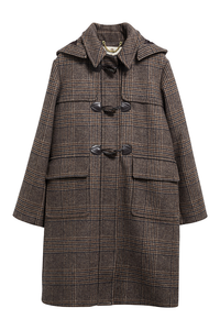 The Barbour Melody Duffle Coat in an all-over Prince of Wales check design in brown. With two front patch pockets, with flaps, traditional duffle toggle fastening and detachable hood.