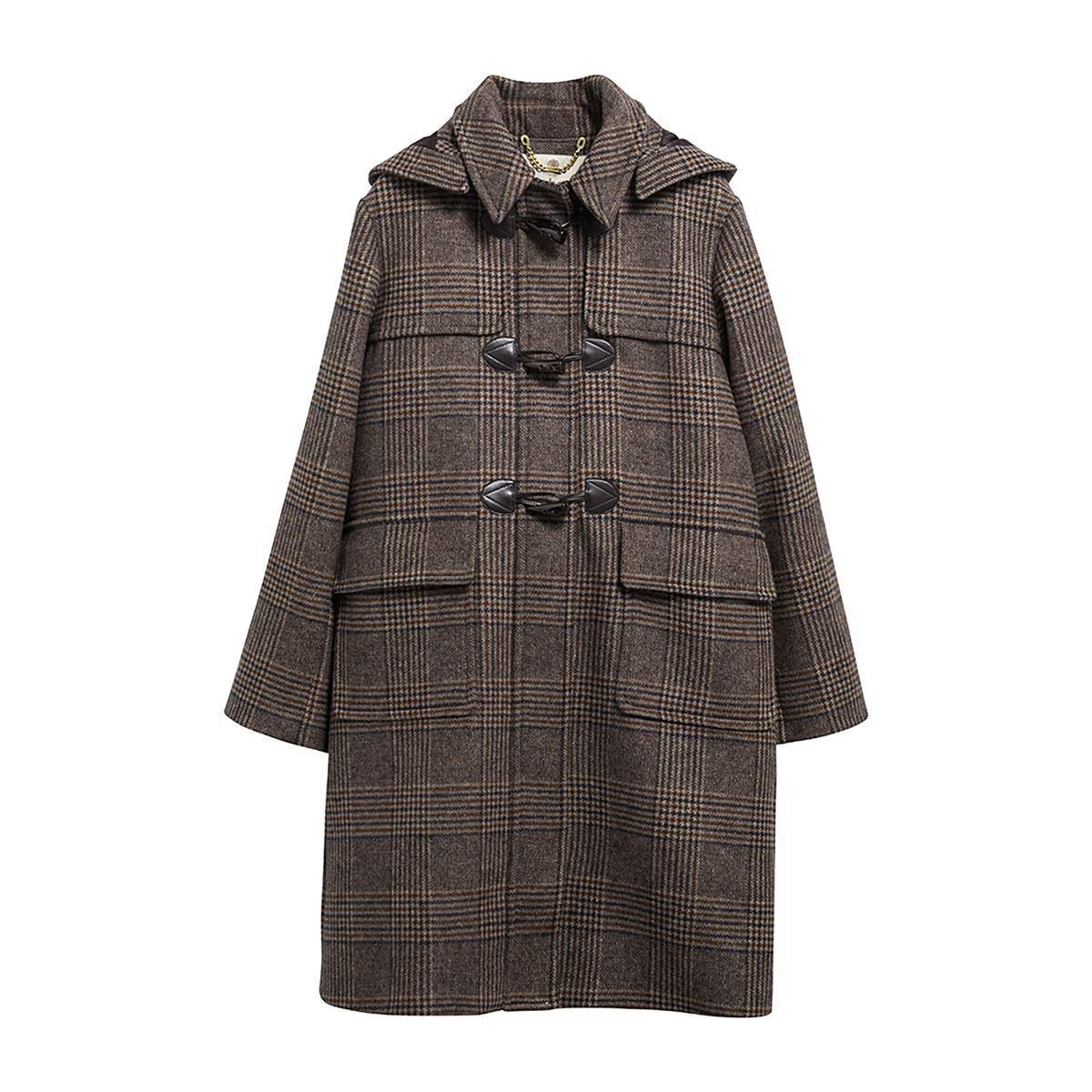 The Barbour Melody Duffle Coat in an all-over Prince of Wales check design in brown. With two front patch pockets, with flaps, traditional duffle toggle fastening and detachable hood.