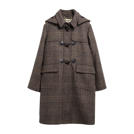 The Barbour Melody Duffle Coat in an all-over Prince of Wales check design in brown. With two front patch pockets, with flaps, traditional duffle toggle fastening and detachable hood.