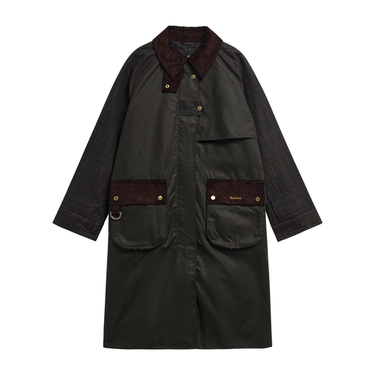The Barbour Kirklees Checked Waxed jacket is a longline waxed cotton jacket in fern green with dark brown corduroy collar and pocket flaps, featuring brass-tone snap buttons and a Barbour logo on the pocket flap.