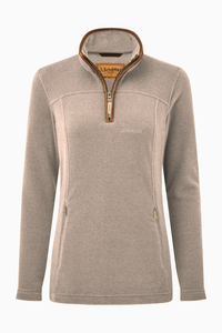 Women's Schöffel Tilton II Fleece pullover in a mushroom colour. Featuring a quarter zip with brown trim and two zipped front pockets.