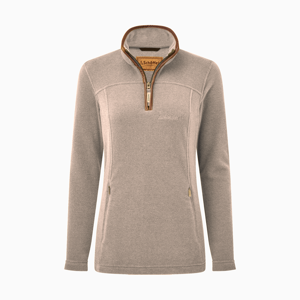 Women's Schöffel Tilton II Fleece pullover in a mushroom colour. Featuring a quarter zip with brown trim and two zipped front pockets.