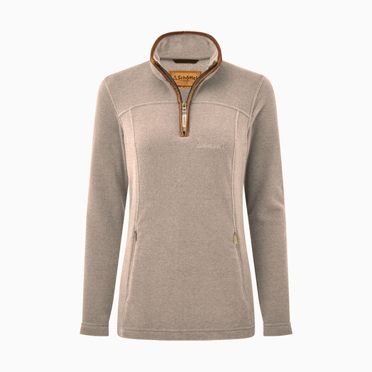 Women's Schöffel Tilton II Fleece pullover in a mushroom colour. Featuring a quarter zip with brown trim and two zipped front pockets.
