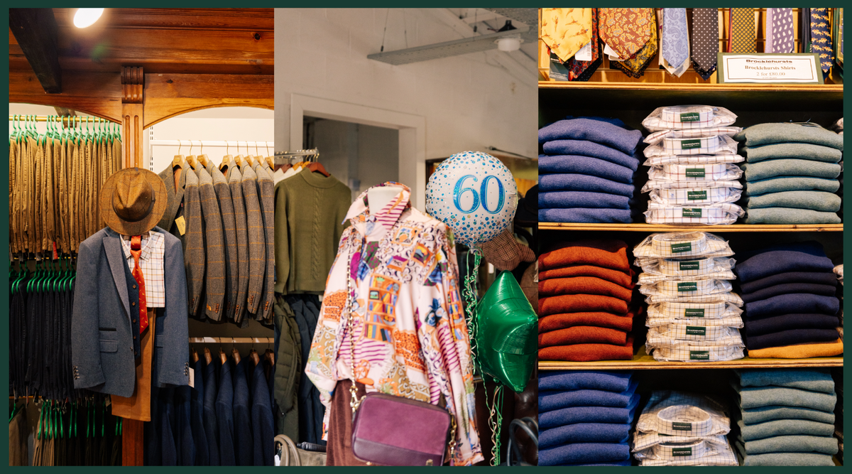 Brocklehursts country clothing displays featuring tailored jackets, knitwear, shirts and accessories, including a 60th anniversary display in the Bakewell stores.
